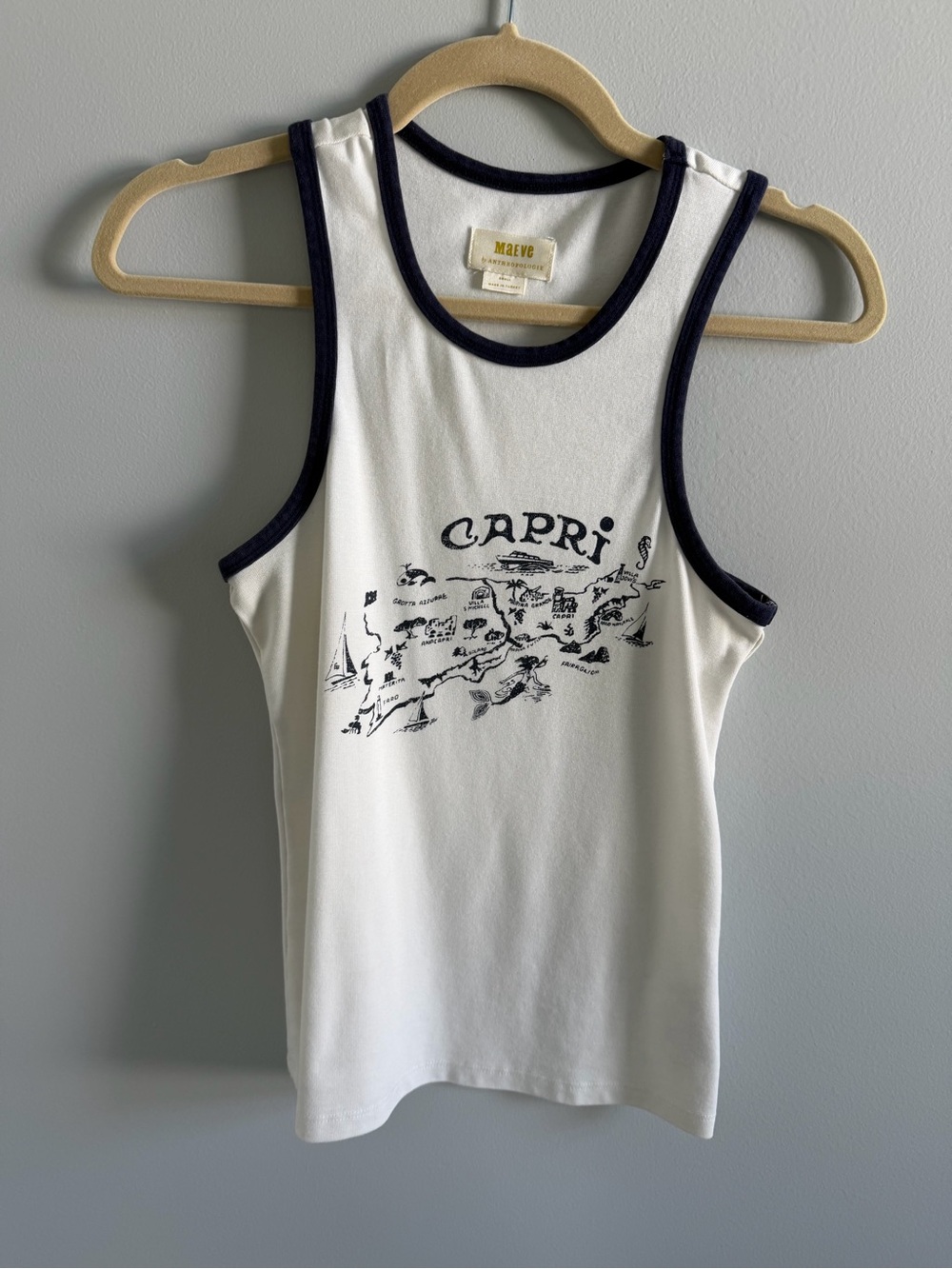 Anthropologie White Tank Top with Navy Trim and Capri Graphic